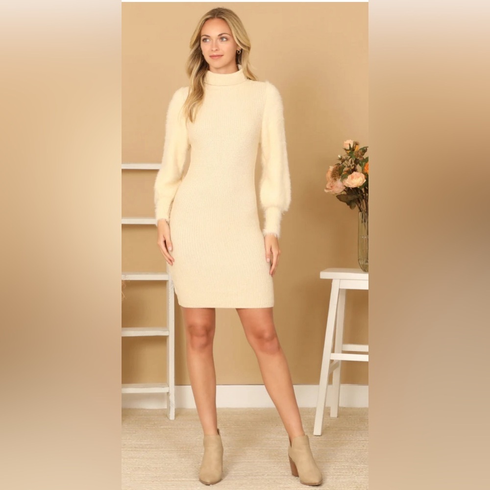 Net.153 beige turtleneck ribbed sweater dress fuzzy balloon sleeves size s small